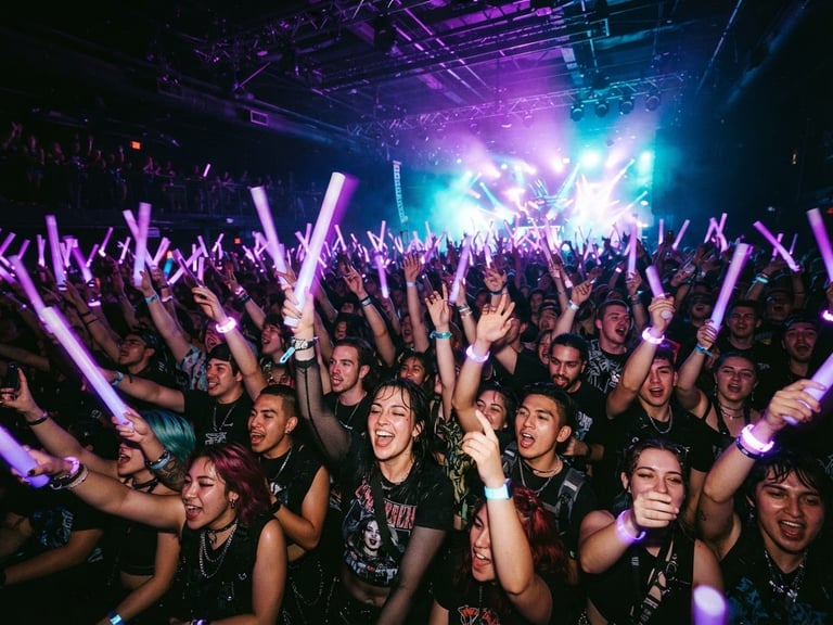 Low angle shot of dynamic crowd with neon purple light sticks raised, high-contrast, energetic concert atmosphere, vibrant cyberpunk event photography, 35mm