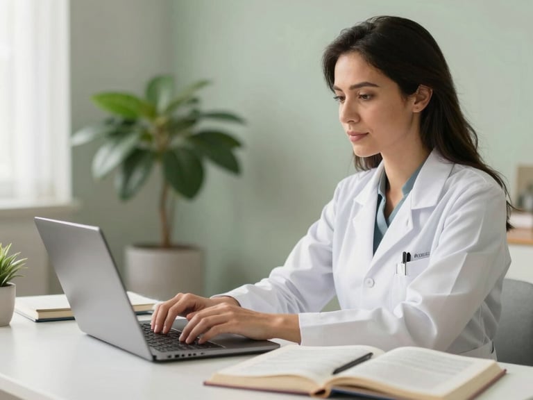 Mãos de Dra. Alice Breda de Jesus digitando em um laptop em uma mesa de home office organizada, com livros médicos e uma planta ao fundo. Luz natural suave, transmitindo calma e profissionalismo.
