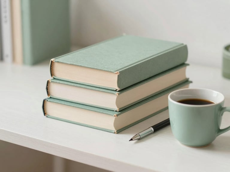 Pilha de livros médicos abertos em uma mesa de madeira clara, com uma caneta e um copo de chá. O ambiente é iluminado por luz natural suave, transmitindo estudo e dedicação.