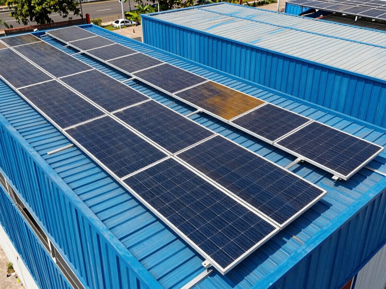 Crisp industrial photography of a massive solar panel array installed on a modern blue steel factory roof in Uttar Pradesh, bright direct Indian sunlight, sharp focus, 35mm