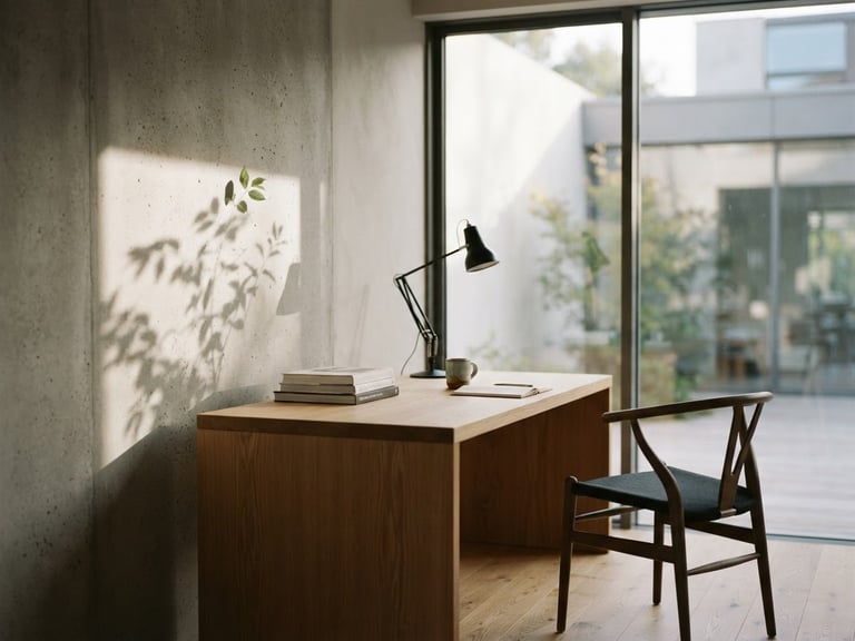 Minimalist editorial photography of a quiet, sunlit architectural office space with soft shadows on a concrete wall, indirect daylight, 35mm