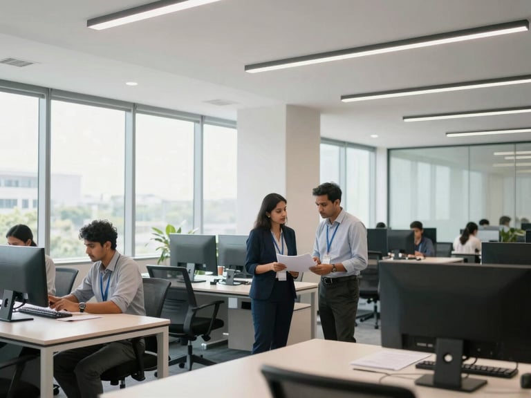 Wide shot of a modern, bright collaborative workspace in Bengaluru with large windows, clean architectural lines, professional legal experts discussing documents