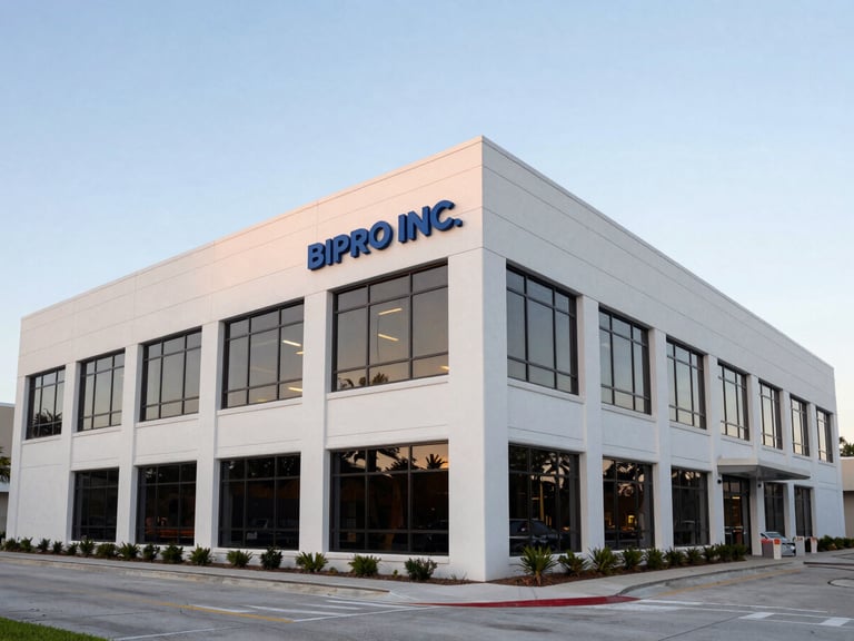 Exterior shot of BIPRO INC. office building in Oviedo, Florida, at dusk, clean modern architecture, wide angle, bright natural daylight