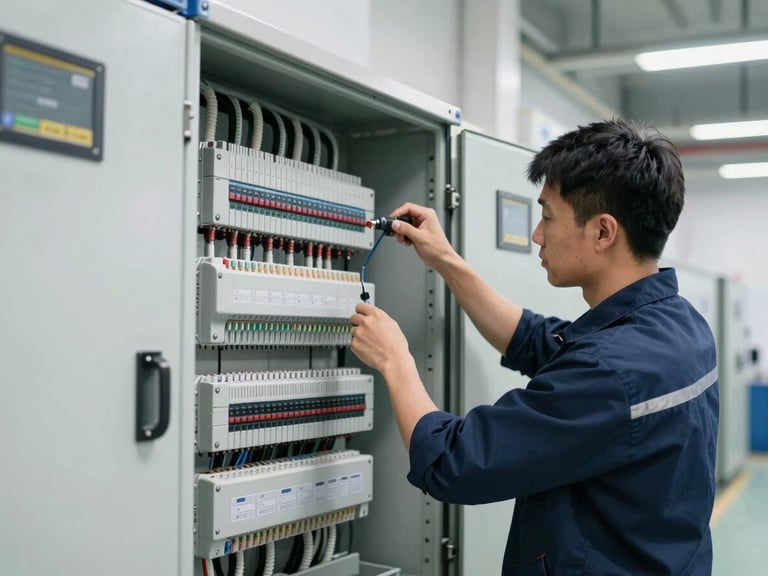Technician working on an electrical panel inside a commercial facility, clean utility lighting, medium-close action shot, wearing branded uniform
