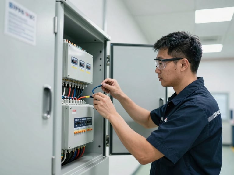 Medium-close action shot of a BIPRO INC. technician in uniform, wearing safety glasses, working on an open electrical panel inside a commercial facility with clean utility lighting.