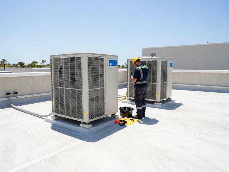 Wide-angle shot of a BIPRO INC. technician in uniform working on a large commercial rooftop HVAC unit under bright Florida daylight, tools laid out neatly.