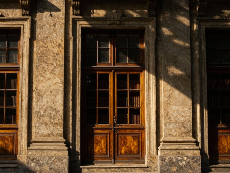 Symmetrical architectural shot of a classical stone facade in Santiago, warm library window light, deep shadows, rich gold and dark wood tones, dramatic chiaroscuro photography, 35mm