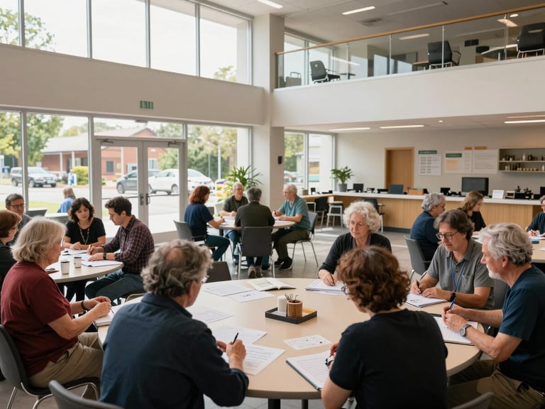 Panoramic interior of a neighborhood community center, natural daylight, small groups of adults at round tables engaged in collaborative planning, papers and notebooks spread out, hands visible, wide framing shows the architectural space and its human activity, no staged group photos