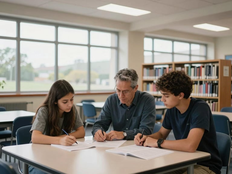 Wide shot of a school library or learning center, diffused daylight through large windows, a mentor and young adult seated side by side reviewing materials at a table, books and binders visible in background, natural and unposed, framing emphasizes the environment and collaborative work