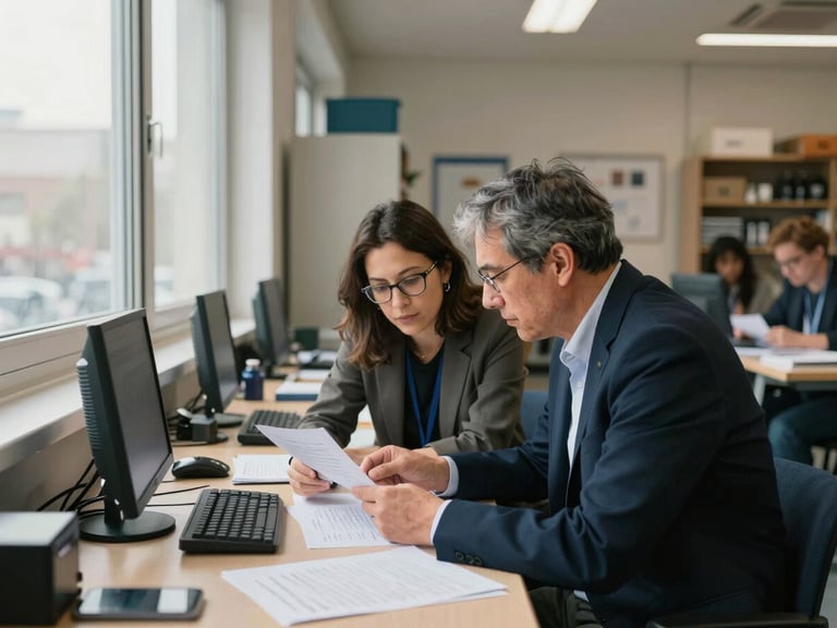 Wide environmental photograph of a workforce or professional development space, two adults co-reviewing documents at a shared desk near a window, diffused natural daylight, context of a working institution visible in background—shelves, boards, materials—honest and unposed framing