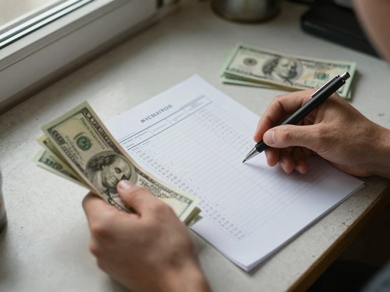 Close-up overhead shot of hands sorting paper bills and a handwritten budget sheet on a worn kitchen table, overcast window light from the left, a pen mid-use resting across the paper