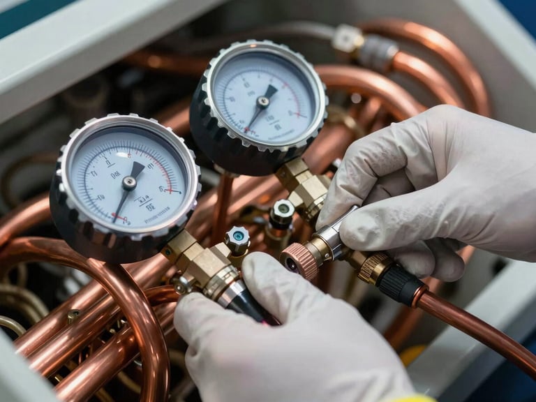 Extreme close-up of a technician's hands in clean branded gloves connecting copper refrigeration lines using professional digital manifold gauges. Crisp utility lighting, sharp focus on the technical equipment.