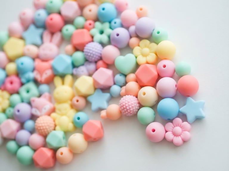 Bright flatlay of various candy-colored silicone beads arranged in a playful pattern, soft natural daylight, shallow depth of field, clean matte textures, off-center to the right, vibrant and inviting.