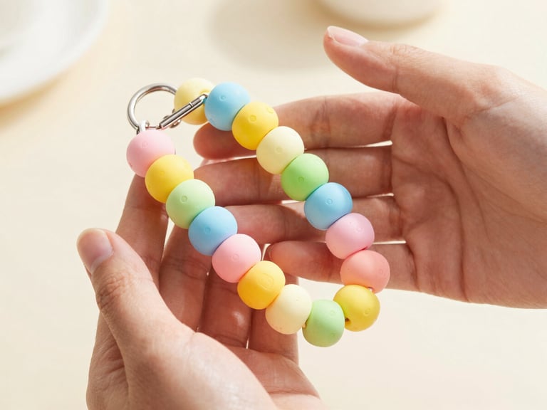 Close-up of hands gently holding a vibrant, candy-colored silicone bead keychain wristlet, soft natural daylight emphasizing the tactile squish, shallow depth of field, clean background.