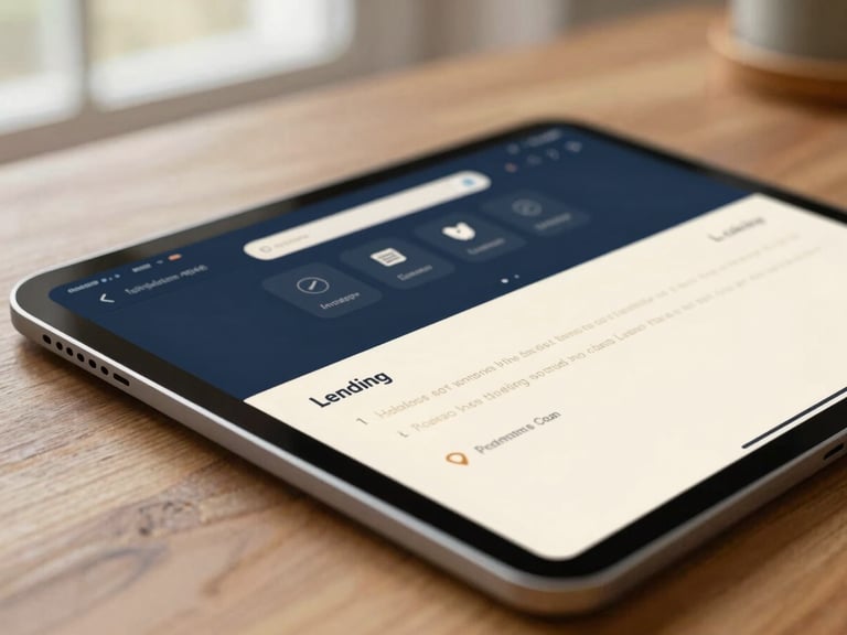 Close-up of a modern digital lending interface on a tablet, warm natural light, soft focus on a wooden desk, 35mm.
