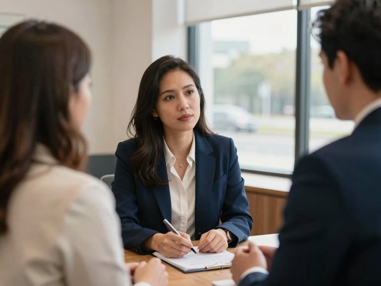 Warm editorial photography of a local business owner discussing plans with a banker inside a community bank, natural window light, rich navy tones, shallow depth of field.