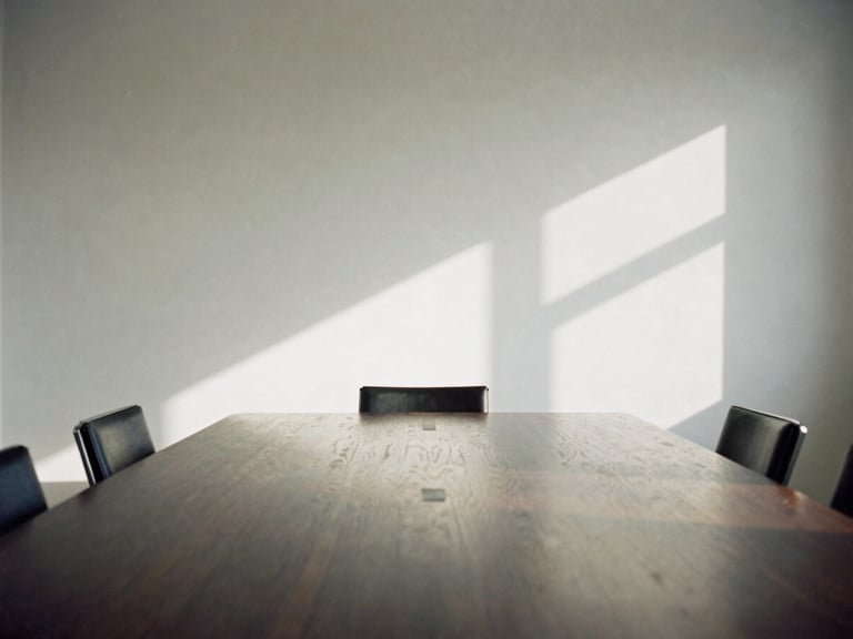 An empty, quiet boardroom flooded with soft side-light, a single dark oak table reflecting the light, architectural shadows, 35mm film.