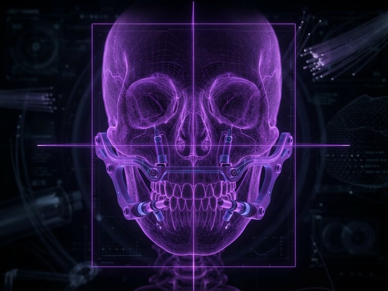 3d digital render of a glowing purple CBCT skull alignment with precise digital surgical guide overlay, moody low-key studio lighting, technical wireframes