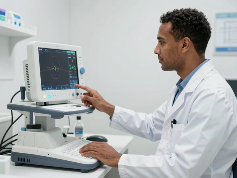 A professional Somali biomedical engineer in standardized clinical attire calibrating a modern digital patient monitor, bright white clinical lighting, clean workspace.