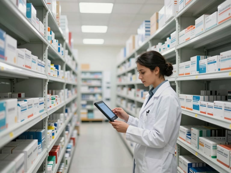 Wide interior shot of a modern pharmaceutical warehouse in Mogadishu, clean white shelves stocked with medicine boxes, a technician in clinical attire inspecting a digital log.