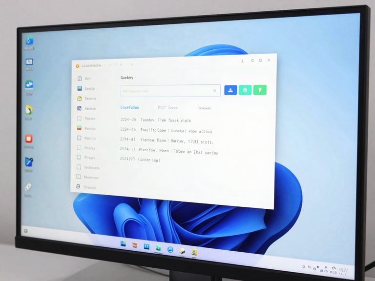 Clean computer monitor displaying a sleek operating system installation interface, bright studio environment, cool blue accents