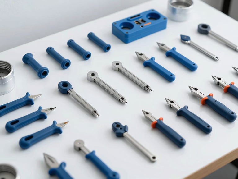 Organized technical workbench with precision tools and clean hardware components laid out neatly under bright natural studio light
