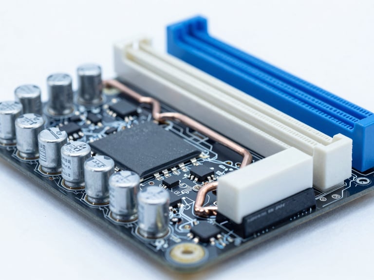 Macro shot of a clean computer motherboard, bright studio lighting, cool blue undertones, sharp focus on capacitors and copper heat pipes