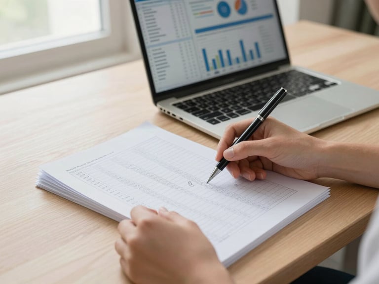 Hands of a woman reviewing printed spreadsheet pages on a light wood desk, pen in hand marking specific figures, a laptop open to an analytics dashboard in the background, natural morning light from a window to the left, no faces visible