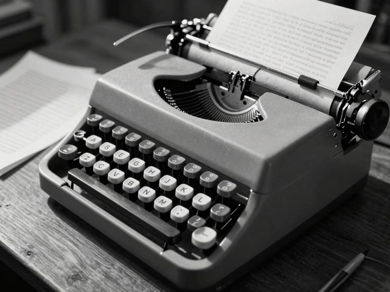 Tight, close-up high-contrast black and white photograph of a vintage typewriter on a dark wooden desk, harsh directional side light casting long shadows across heavily redacted manuscript pages.