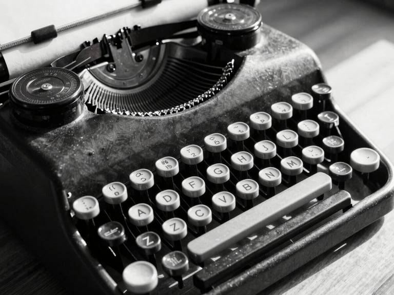 High-contrast black and white close-up of a vintage mechanical typewriter, keys heavily worn, harsh directional light casting long shadows across a stack of papers.