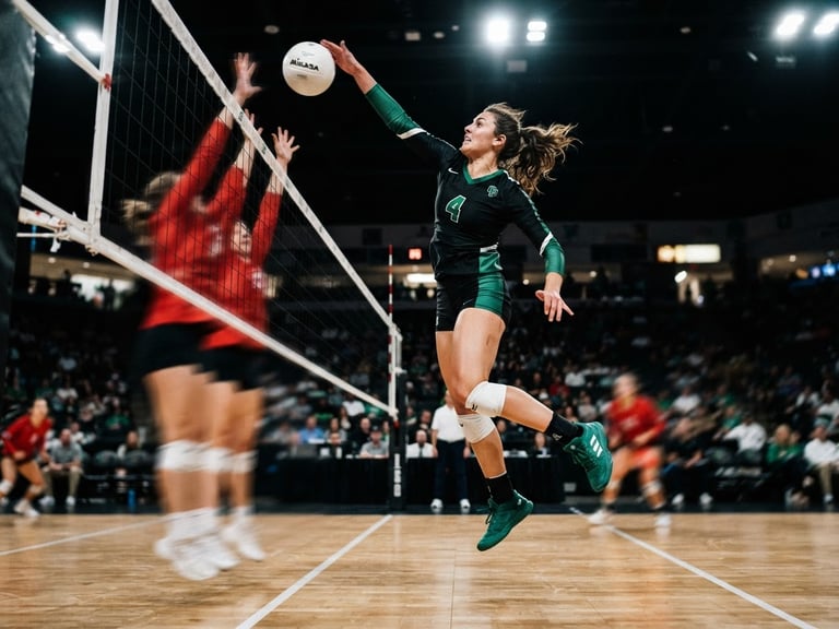 Dynamic low-angle action shot of a volleyball player spiking the ball over the net, high-contrast indoor sports lighting, emerald green jersey accents, freeze-frame action, 35mm