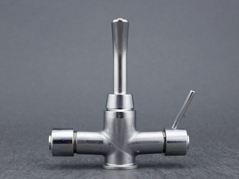 Straight-on industrial photography of a clean, automated faucet assembly line, cool metallic tones, sharp highlights, slate gray background