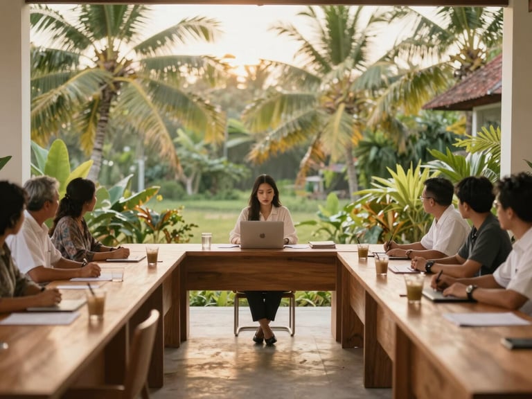 Warm editorial photography of a professional meeting in an open-air tropical office in Bali, wooden desks, green foliage background, soft golden-hour daylight, 35mm