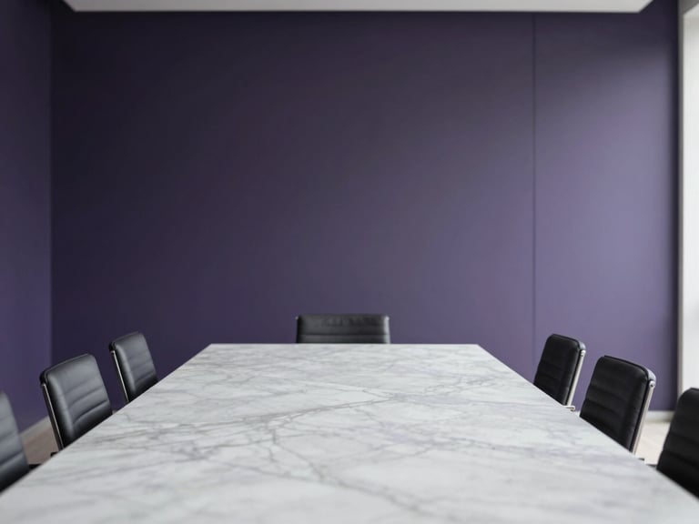 Wide perspective of a modern minimalist boardroom in Madrid, clean architectural lines, natural diffused daylight, soft focus on a marble table, premium editorial style