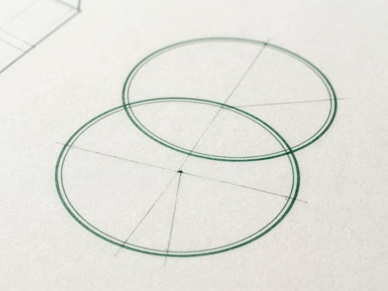 A clean abstract geometric blueprint showing structured overlapping circles and lines, fine architectural drafting style, deep green ink on off-white paper, editorial layout