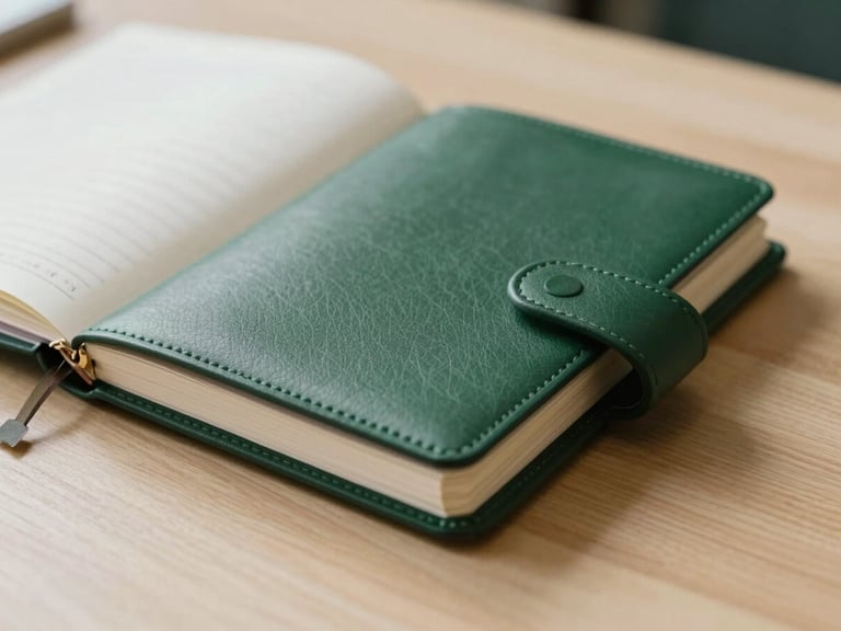 Extreme close-up of a structured leather planner on a minimalist oak desk, soft diffused natural daylight, deep green shadow details, editorial style