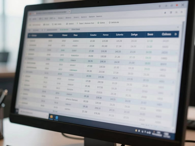A close-up of a clean financial dashboard on a sleek monitor, sharp focus on structured data columns, soft natural office light, editorial corporate style, 35mm lens.