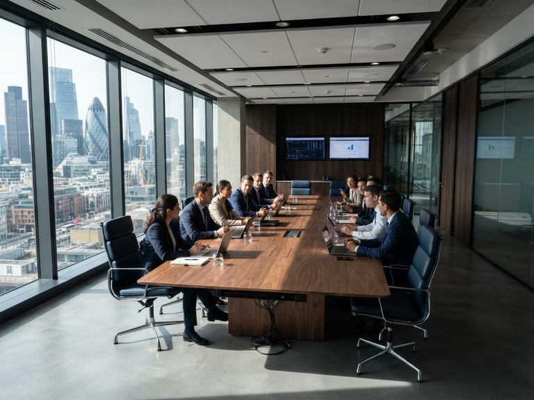 A crisp, high-angle architectural shot of a modern financial boardroom, natural daylight casting sharp shadows on a sleek wooden table, deep navy tones, editorial corporate photography, 35mm lens.