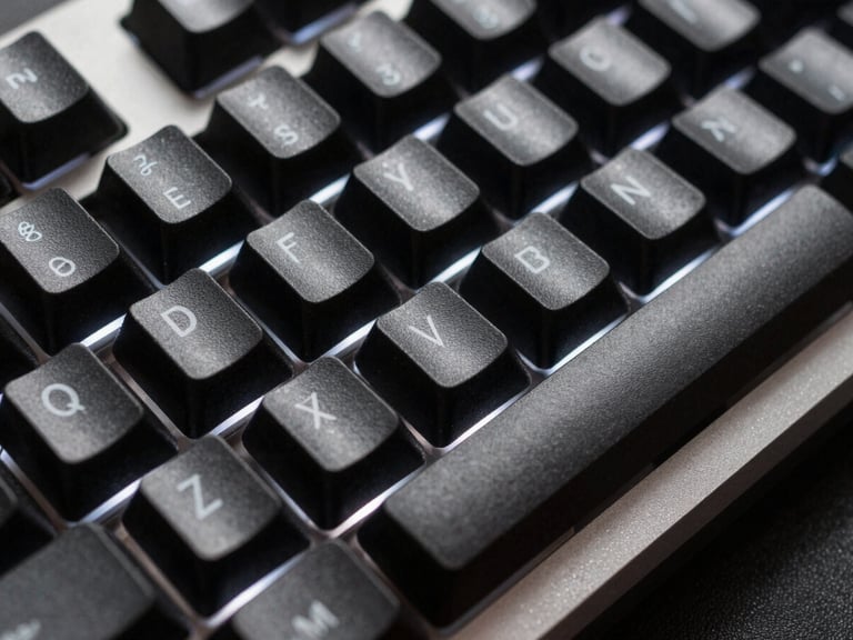 Tight macro shot of a matte black mechanical keyboard with subtle white backlighting, focusing on the textured keycaps and anodized aluminum frame, soft diffused studio light.