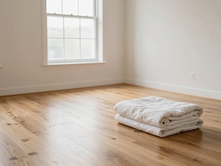Empty, bright bedroom with freshly cleaned hardwood floors, large window, and a single, neatly folded moving blanket in the corner, conveying readiness.