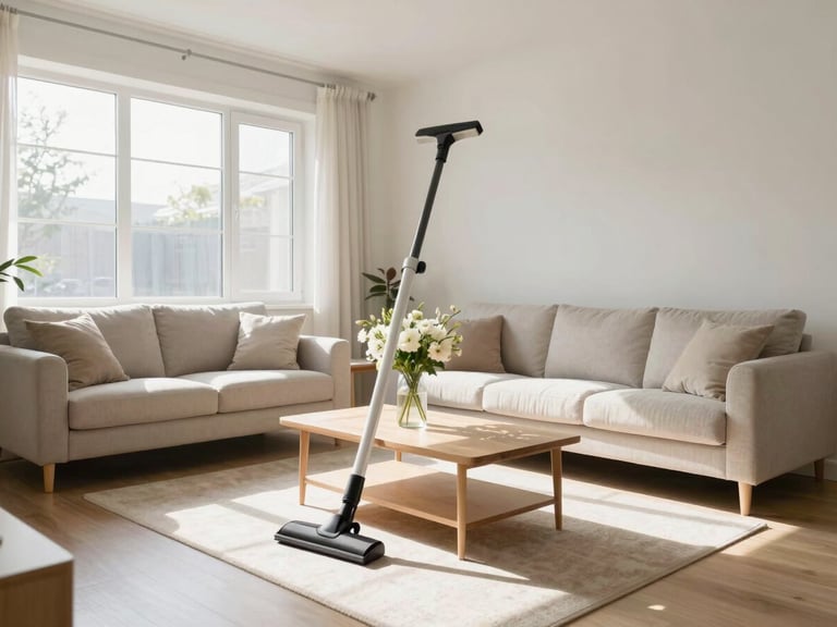 Bright, airy living room, freshly vacuumed, with sunlight streaming through windows, a neatly arranged sofa, and a vase of fresh flowers on a coffee table.