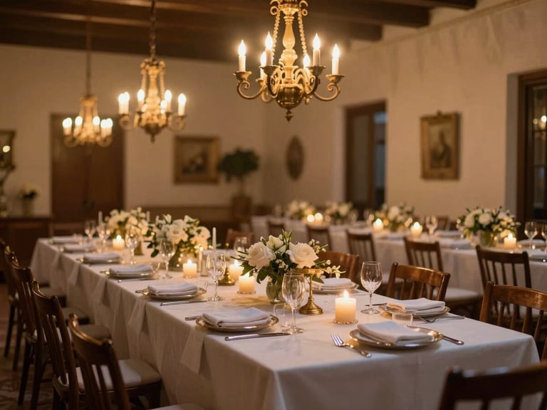 Wide shot of a private historic salon in Spain, softly lit by warm chandeliers and candlelight, prepared for an intimate event, elegant and quiet atmosphere.