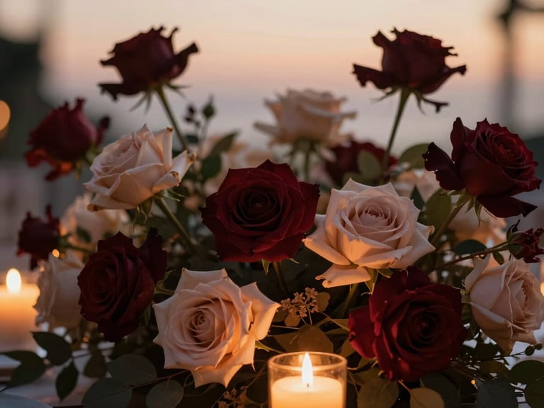 Close-up of intricate, rich burgundy and champagne floral arrangements at dusk, illuminated by soft candlelight glow, shallow depth of field, warm editorial style.