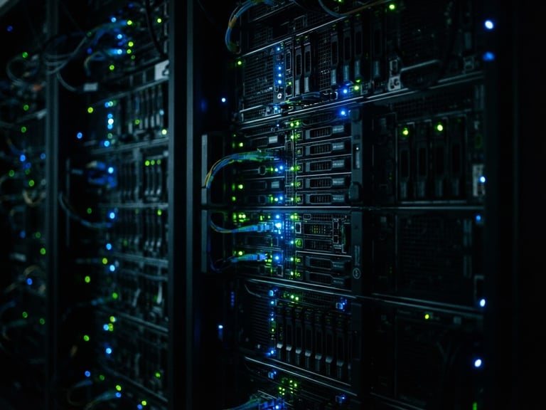 Macro shot of high-density server rack, blinking electric blue and green LED status lights, dark moody server room, high contrast, 35mm.