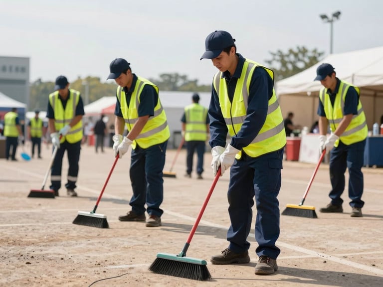 A team of professional cleaners in matching navy uniforms with high-visibility safety yellow vests, systematically clearing a large paved festival ground using professional-grade push brooms, bright daylight.