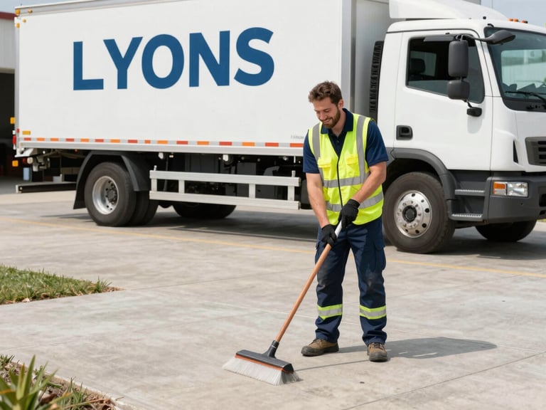A friendly professional crew member in safety gear sweeping a clean concrete driveway next to a Lyons hauling truck, bright daylight