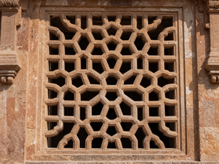 Extreme close-up of carved stone jali screen panel on the tower facade, intricate geometric Mughal lattice pattern in warm sandstone, shot straight-on in clear morning overcast light, deep shadow in the voids of the jali emphasizing the depth and precision of the stone carving