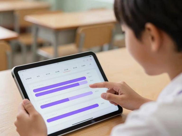 A close-up over-the-shoulder shot of a Vietnamese middle school student smiling while interacting with a clean, modern educational tablet app interface showing purple progress charts, warm indoor lighting, soft focus background.