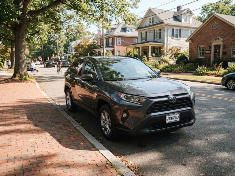 Crisp editorial photography of a clean modern passenger vehicle parked on a bright Springfield street, natural daylight, 35mm lens
