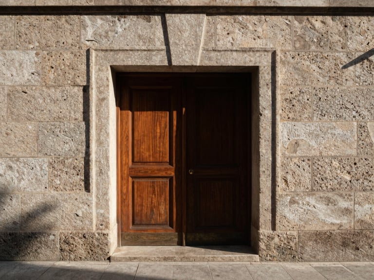 Wide-angle view of a restored stone entryway, deep shadows, wet masonry showing rich natural textures and clean joints.